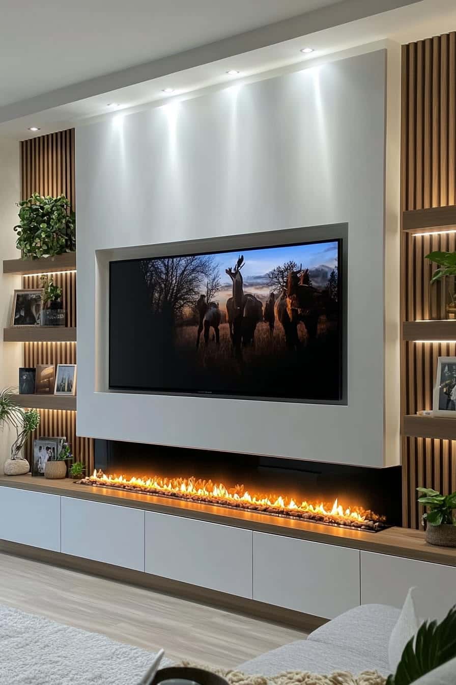 Custom built in fireplace wall in Orlando FL with recessed TV niche linear electric fireplace wood slat shelves LED lighting and modern luxury media wall near me