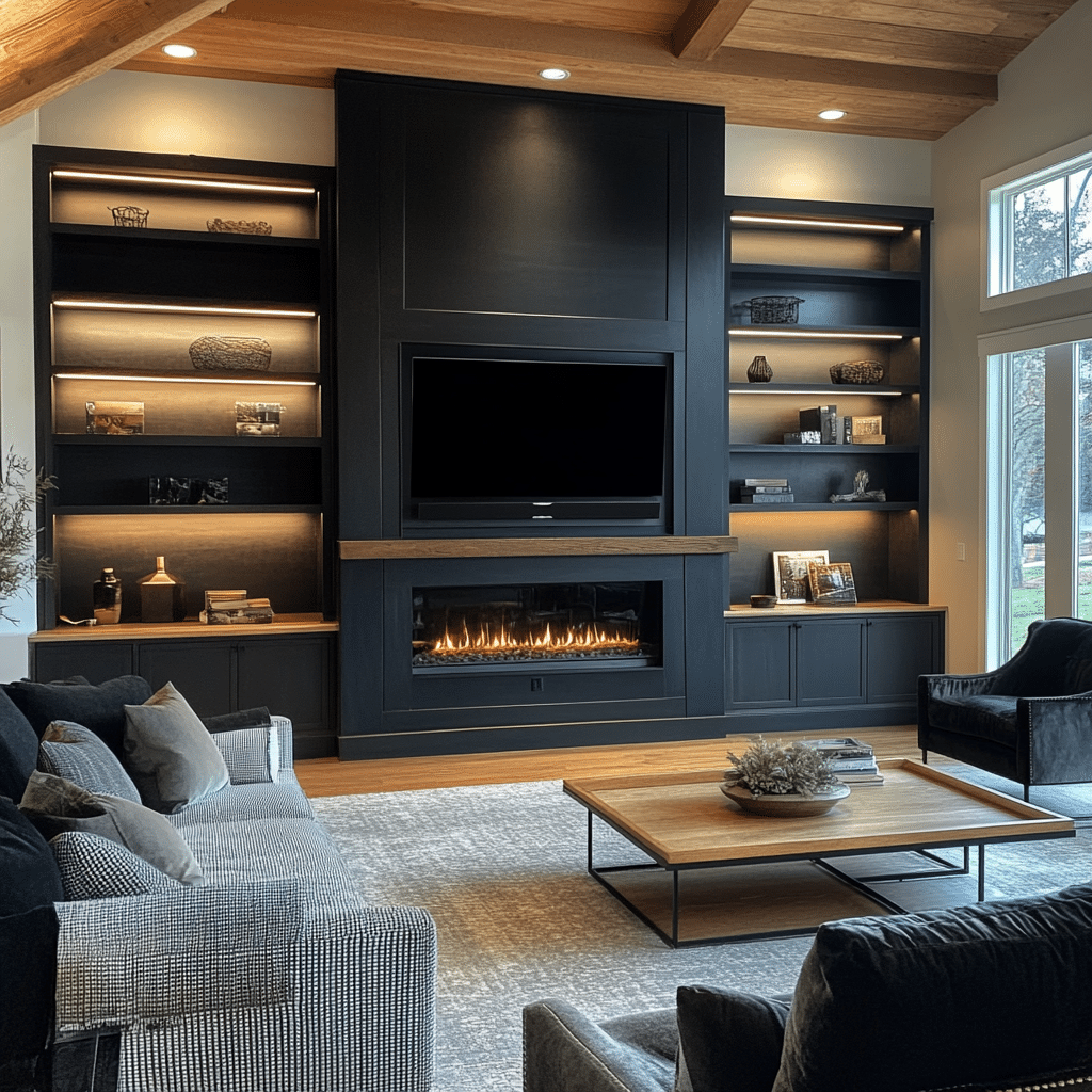 built in fireplace walls Florida with electric fireplace TV unit and custom shelving
