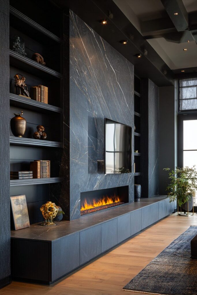 Luxury modern fireplace wall with black marble slab finish, built-in shelving, mounted TV and linear electric fireplace. Dramatic contemporary media wall with dark custom cabinetry and upscale interior styling.