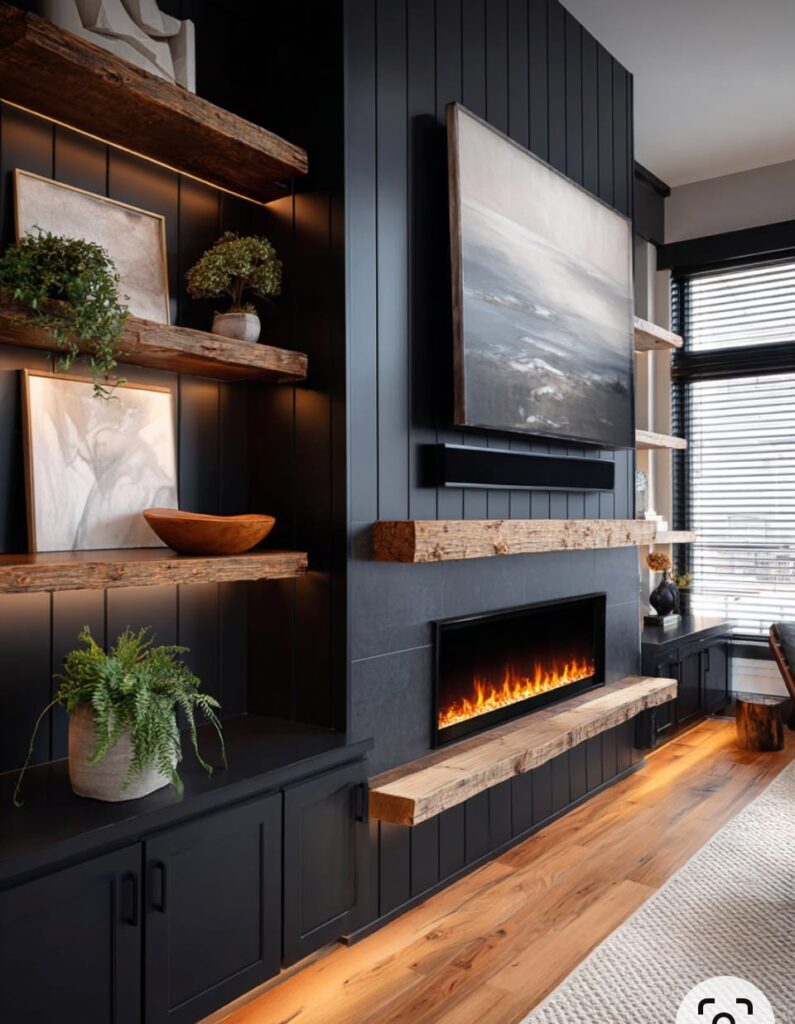 Custom built in fireplace wall in Central Florida with black accent paneling rustic wood shelves linear electric fireplace and modern luxury media wall near me