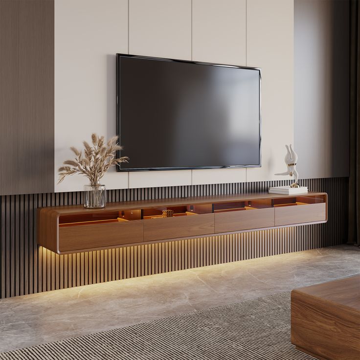 Modern TV wall design near me with floating cabinet LED lighting and wood slat panels in Florida Sarasota