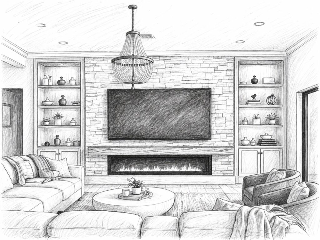 TV wall fireplace company Florida design sketch with built-in shelves and electric fireplace
