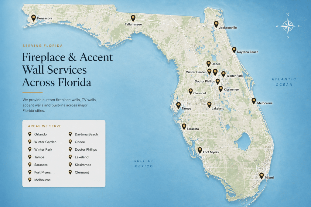 Florida service area map for Lux Wall Studio showing custom fireplace wall and accent wall installation coverage across Florida including Orlando, Tampa, Sarasota, Fort Myers, Melbourne, Daytona Beach, Jacksonville, Miami and surrounding cities.