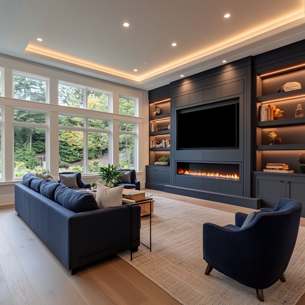 Luxury custom built-in TV wall with linear electric fireplace, illuminated shelving and dark navy cabinetry in a modern living room. Premium media wall design with recessed lighting installed in Orlando, Florida.