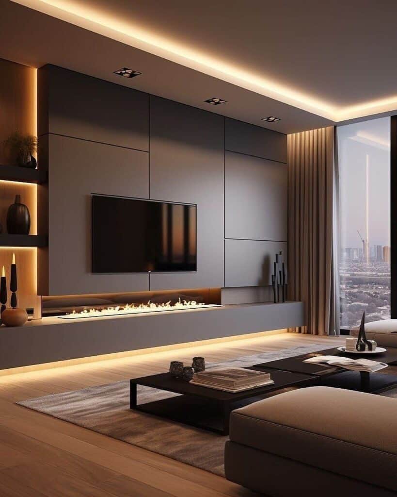 modern floating TV wall with electric fireplace