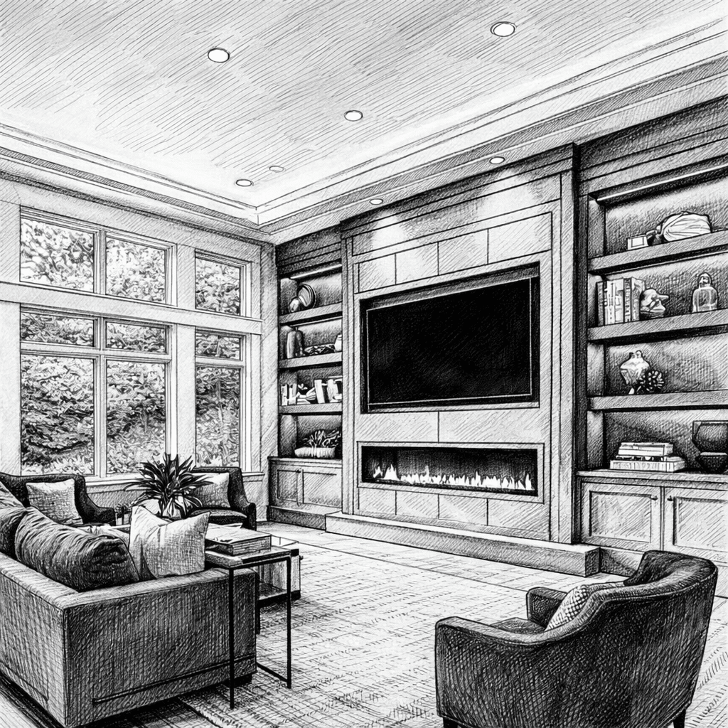 Custom fireplace wall design sketch and concept planning for a modern Florida living room