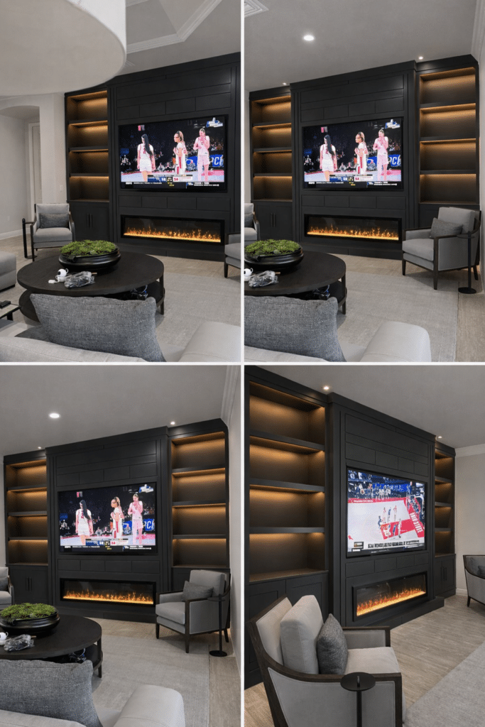 Luxury TV wall and fireplace project with custom shelves and ambient lighting