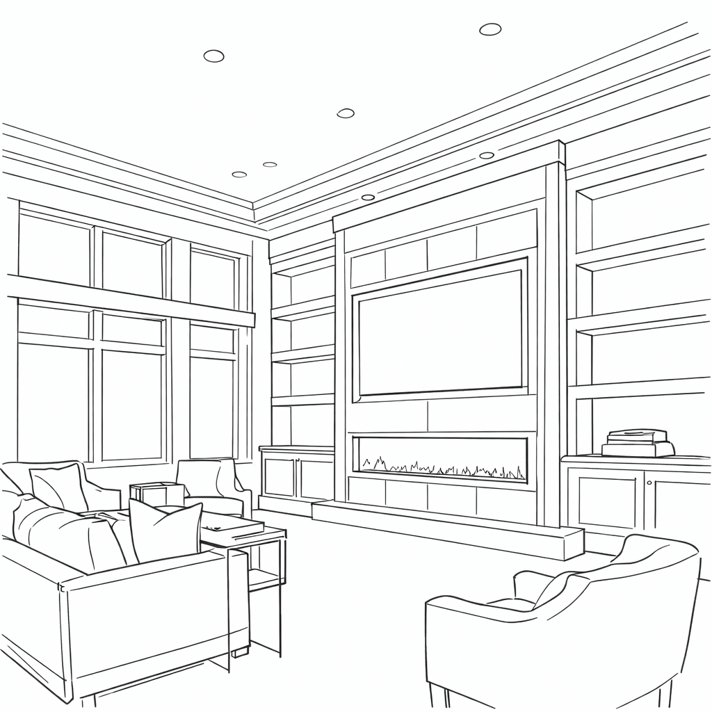 Technical drawing and measurements for custom TV wall and fireplace installation