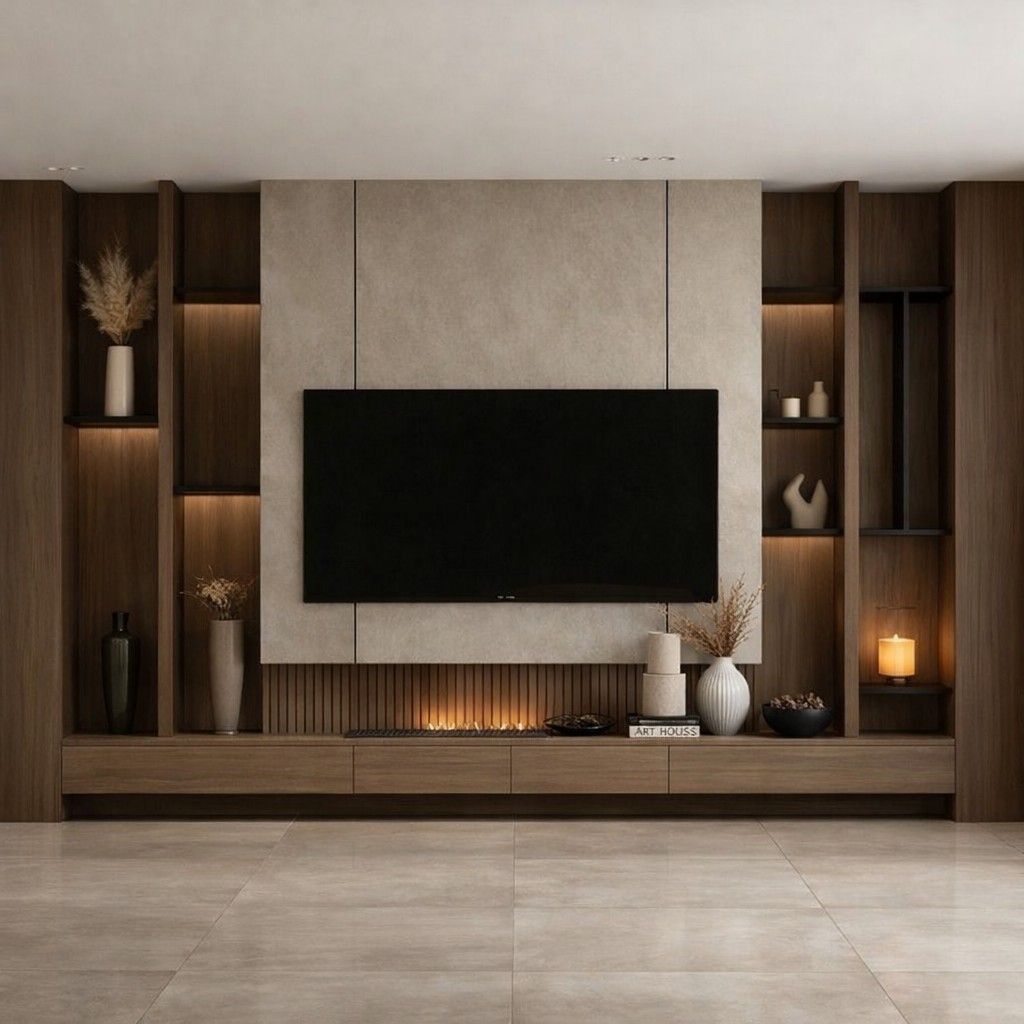 floating media wall with built in LED shelving