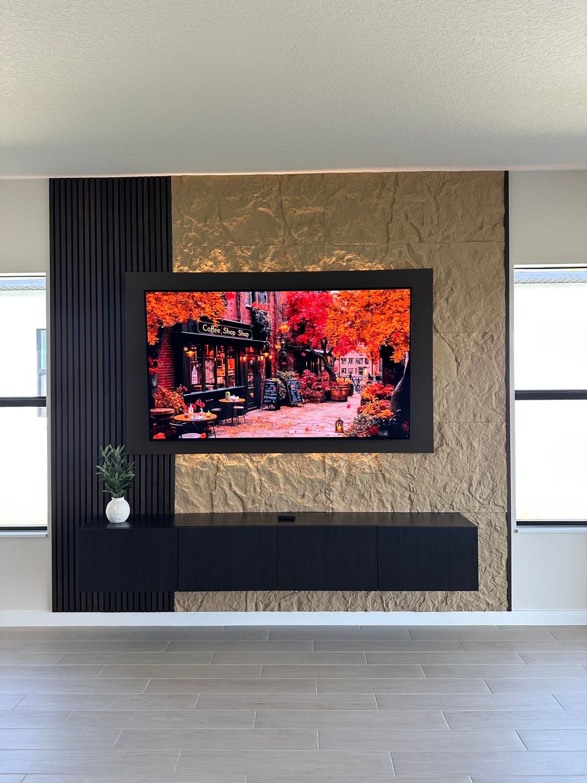 Floating TV Wall with Wood Slats — fireplace wall projects florida
