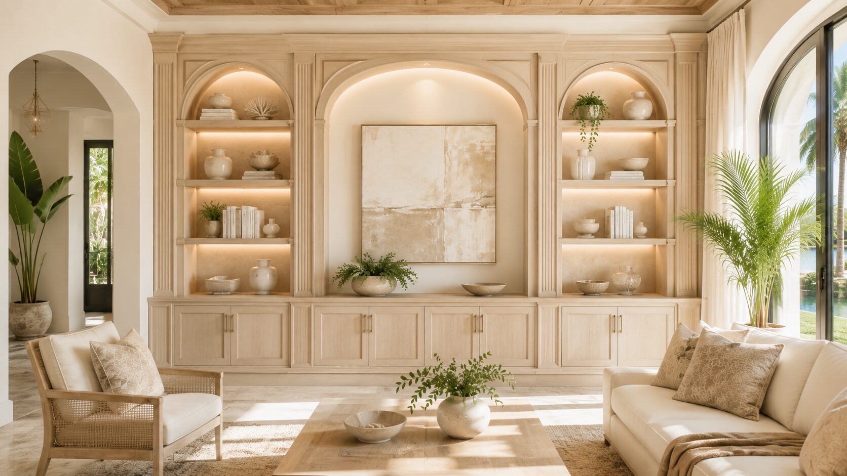 Luxury built-in display cabinetry with integrated lighting — fireplace wall projects florida
