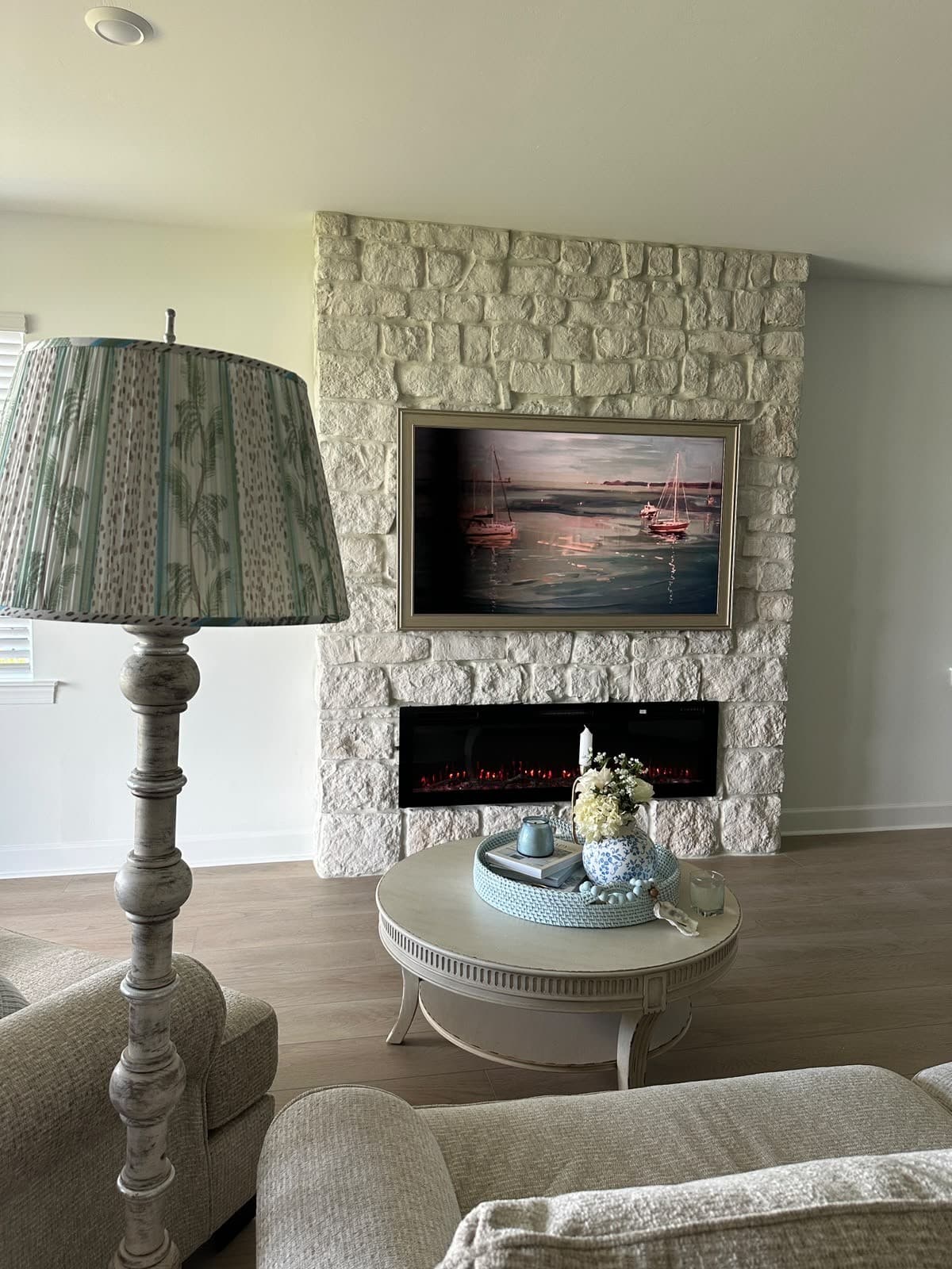 Stone fireplace walls with natural depth and permanence.